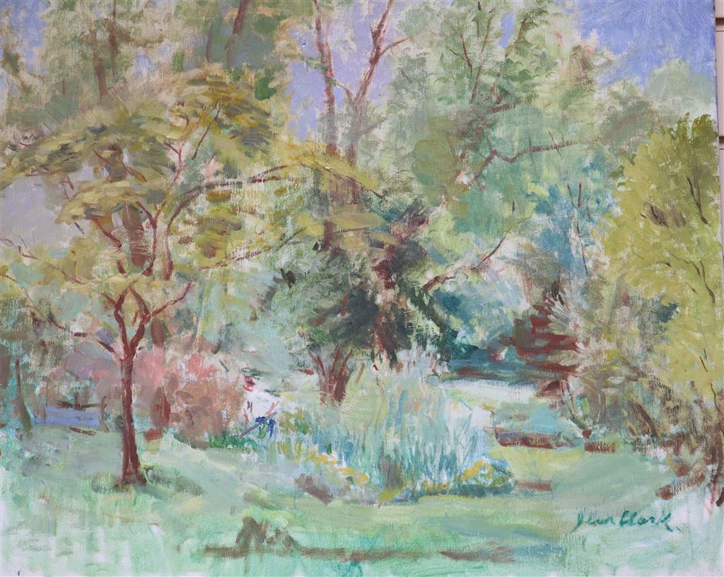 Jean Clark (1902-), oil on canvas, Figure amongst trees, signed, 50 x 60cm, unframed